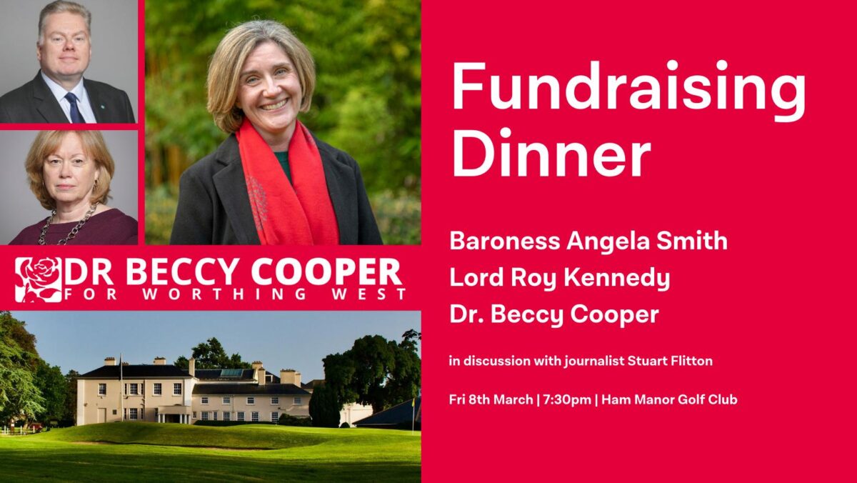 advert for a fundraising dinner for Dr Beccy Cooper PPC featuring Baroness Angela Smith and Lord Roy Kennedy